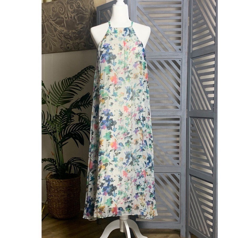 LIKELY Midi Dress 8 Chiffon Sheath Pleated Halter Floral Flowy Party Coquette - Picture 9 of 12